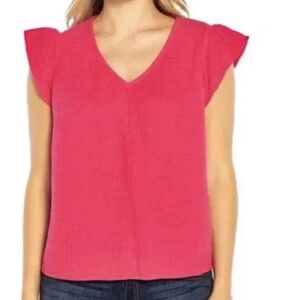 Three Dots, Fuchsia V-Neck Short Sleeve Top, Double Gauze, 100% Cotton, Small